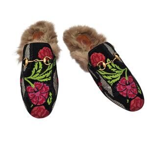 Gucci Princetown Horsebit Fur Lined Flat Mule Slipper Floral Black Size 38 US 8